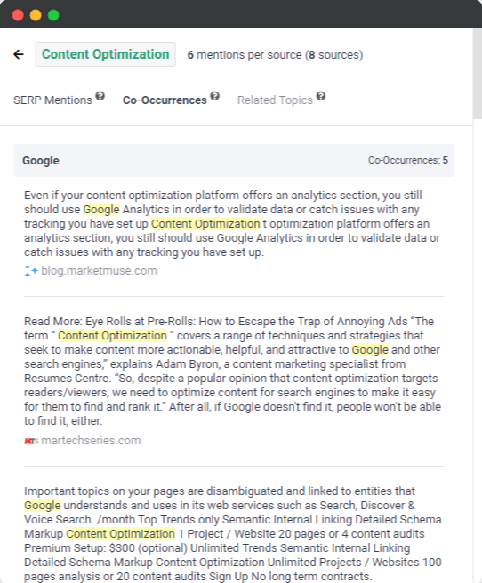 Frase content optimization tool co-occurence