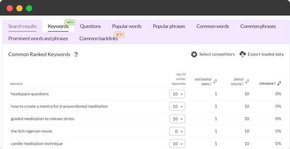 Surfer SEO content optimization tool keyword suggestion view