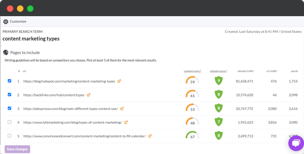 Surfer SEO content optimization tool serp analysis view