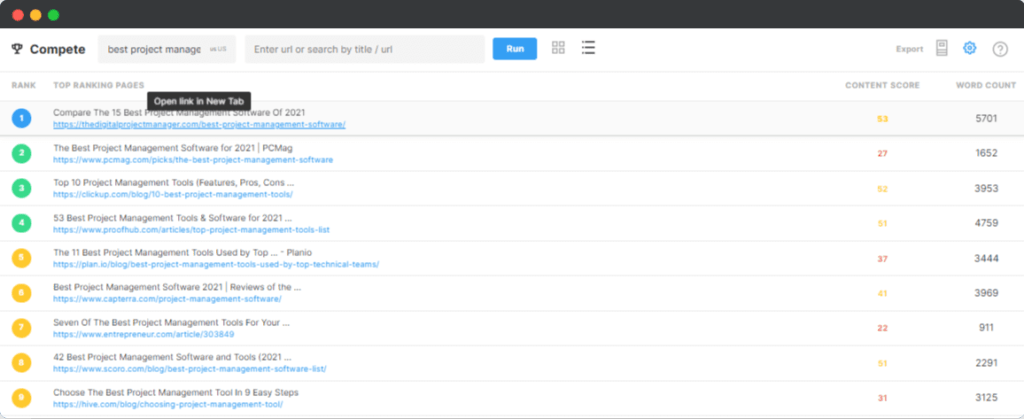 Marketmuse compete application list view Marketmuse compete application list view