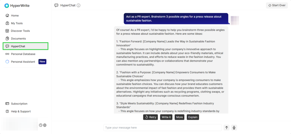 Hyperwrite AI chat feature