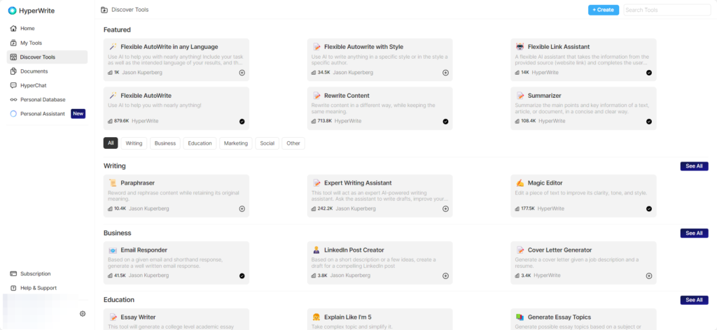 Hyperwrite AI tools and templates